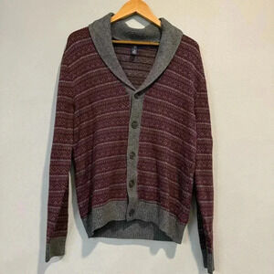 Gap Mens Cardigan Sweater Button Up Shawl Collar Burgundy Gray Cotton Modal M